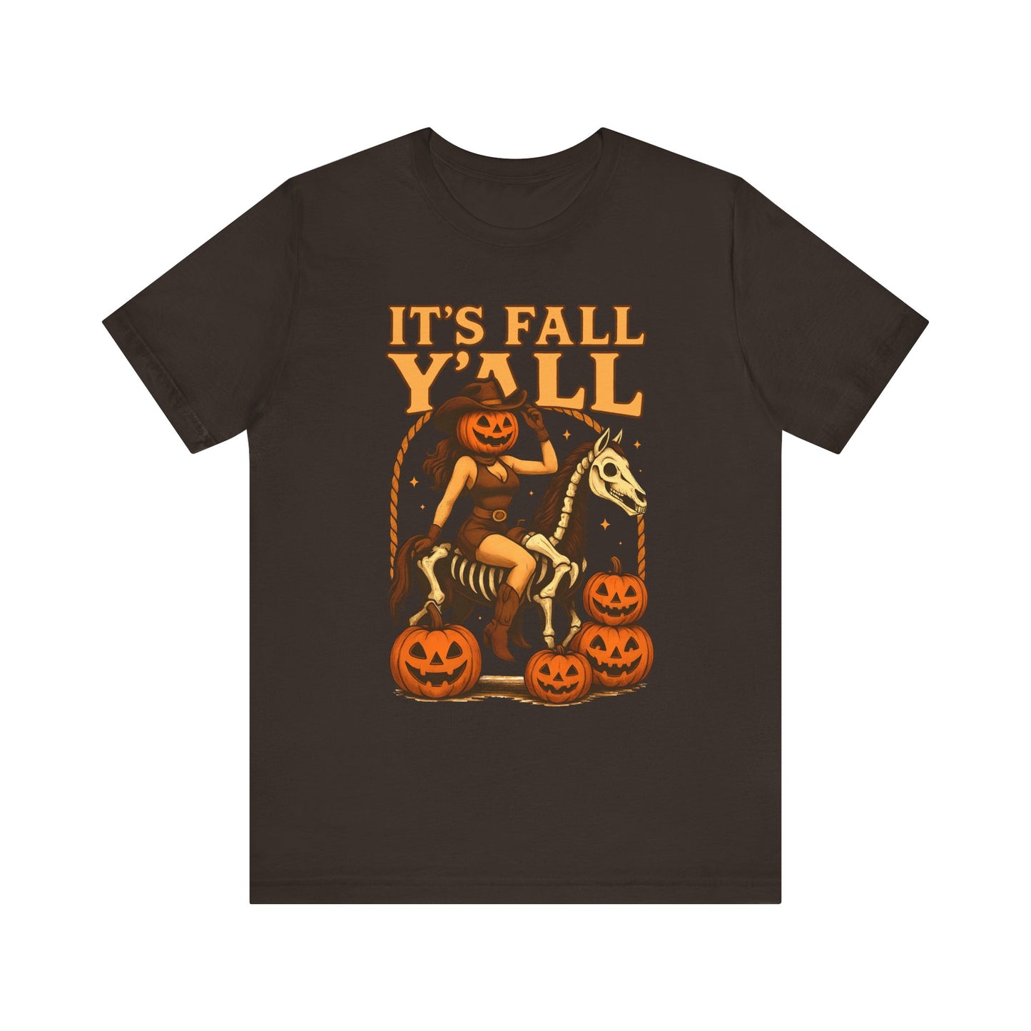 It’s Fall Y’all Shirt – Pumpkin Head Cowgirl Skeleton Horse Western Tee