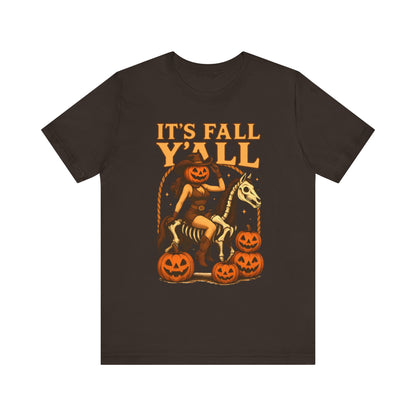 It’s Fall Y’all Shirt – Pumpkin Head Cowgirl Skeleton Horse Western Tee
