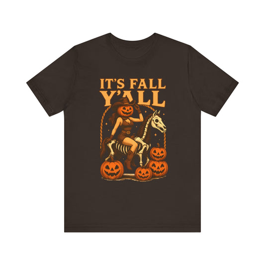 It’s Fall Y’all Shirt – Pumpkin Head Cowgirl Skeleton Horse Western Tee
