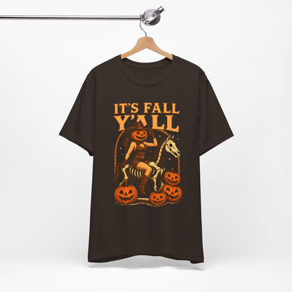 It’s Fall Y’all Shirt – Pumpkin Head Cowgirl Skeleton Horse Western Tee
