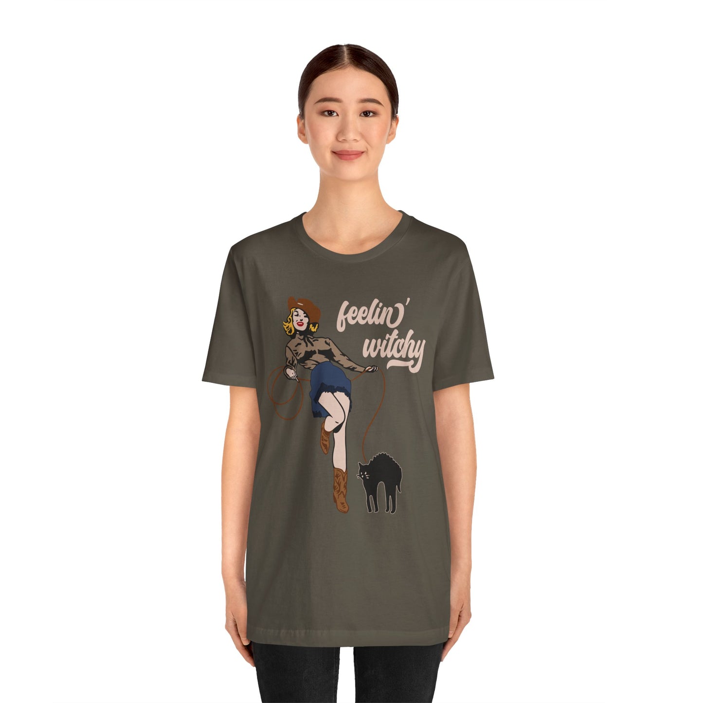 Feeling Witchy Shirt – Vintage Pin-Up Girl & Black Cat Halloween Tee