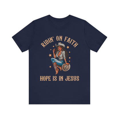 Ridin’ On Faith Cowgirl Shirt – Black Christian Western Jesus Tee