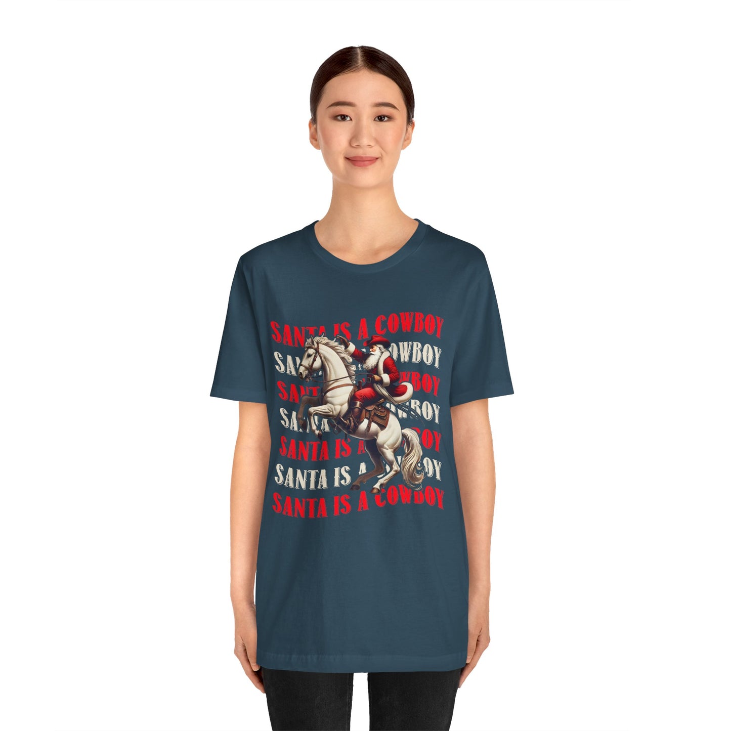 Santa Is a Cowboy Shirt – Western Christmas Tee, Texas Horseback Santa Claus