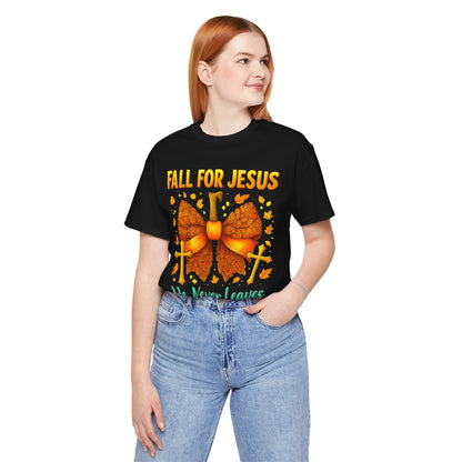 Fall for Jesus He Never Leaves Shirt – Christian Pumpkin Bow Thanksgiving Tee