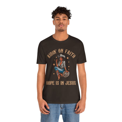 Ridin’ On Faith Cowgirl Shirt – Black Christian Western Jesus Tee