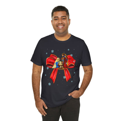 Nativity Scene Christmas Shirt – Coquette Bow Faith Tee, Jesus Holiday Pajama Top
