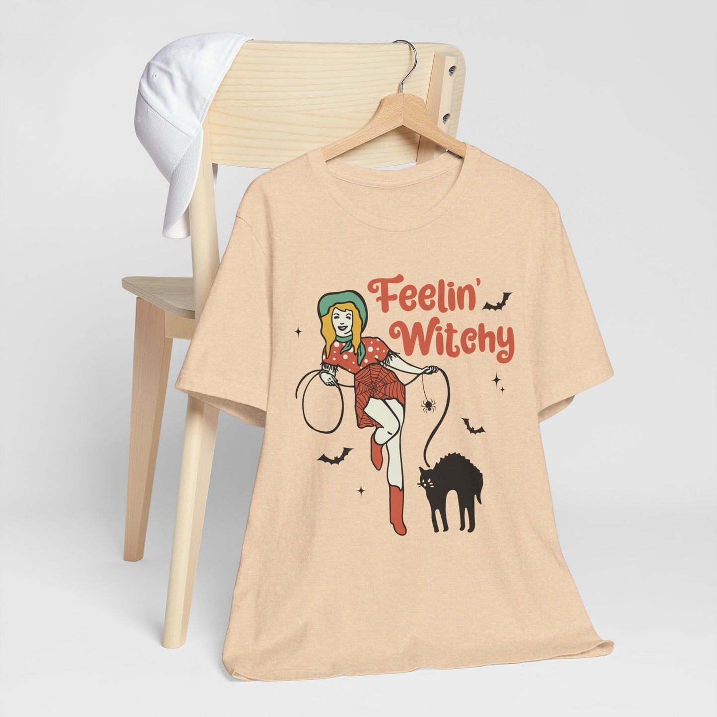 Feelin’ Witchy Shirt Vintage Pin-Up Witch & Black Cat Halloween Tee