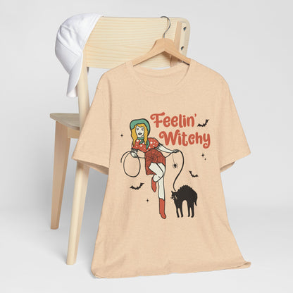 Feelin’ Witchy Shirt Vintage Pin-Up Witch & Black Cat Halloween Tee
