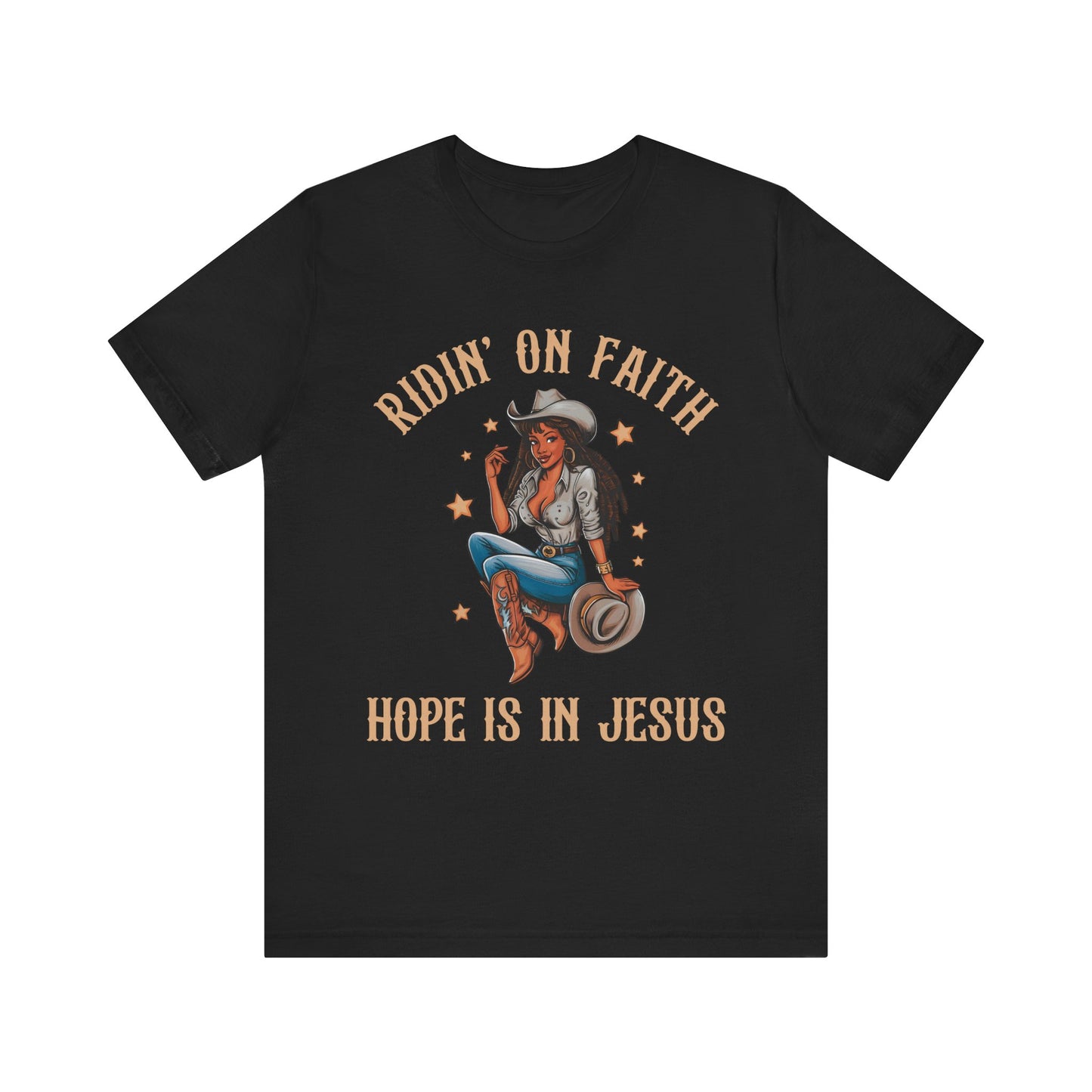 Ridin’ On Faith Cowgirl Shirt – Black Christian Western Jesus Tee