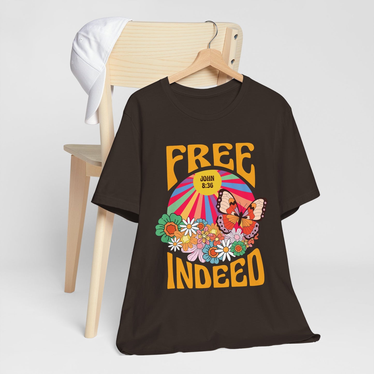 Free Indeed Shirt – Retro Flowers & Butterflies 80s John 8:36 Christian Tee