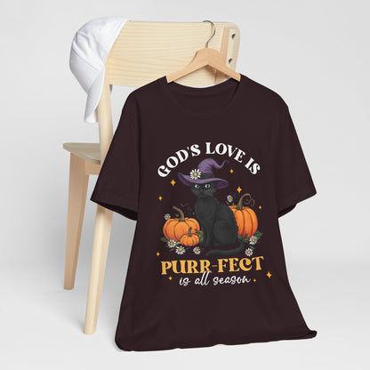 God’s Love Is Purr-fect Shirt – Cute Christian Black Cat Pumpkin Fall Faith Tee