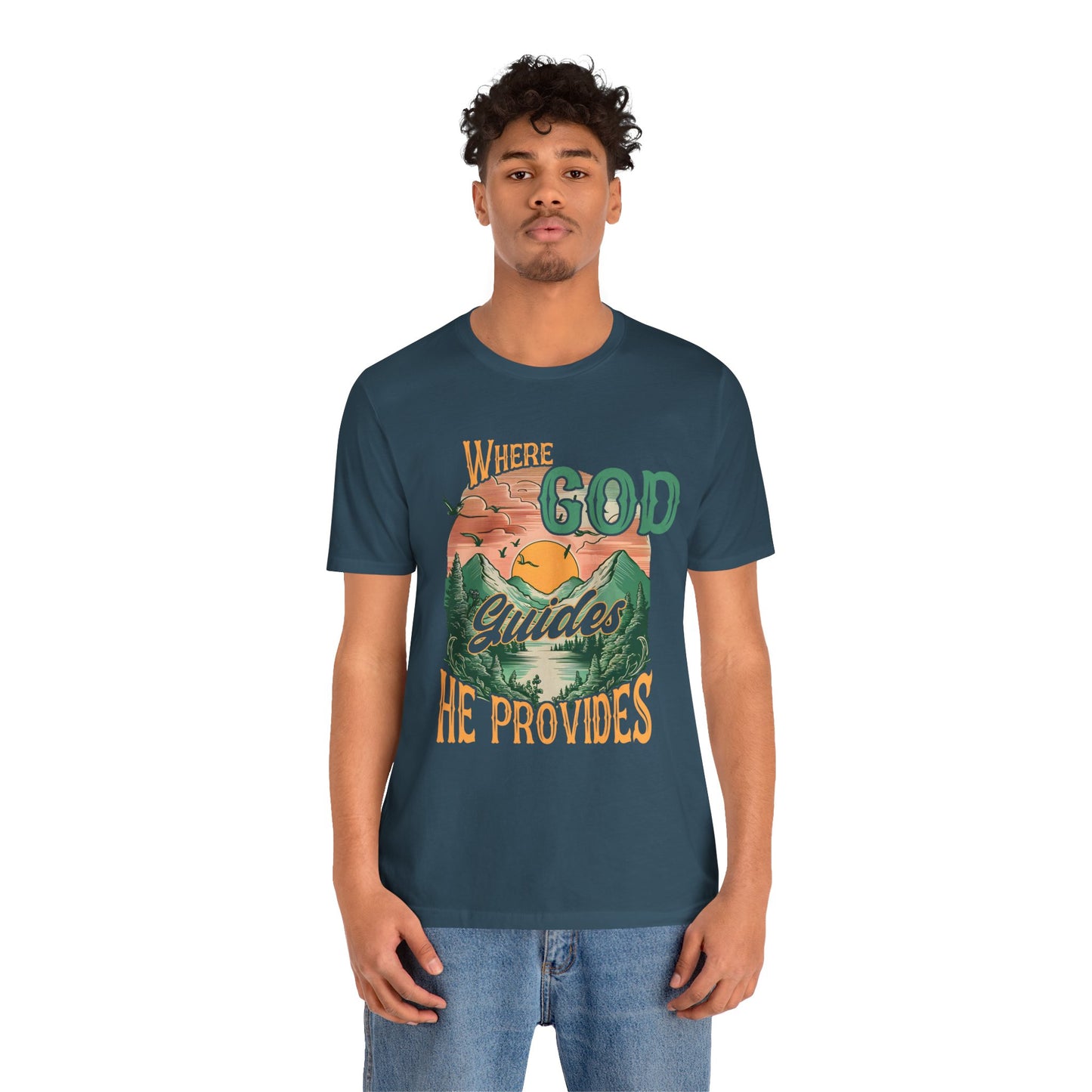 Where God Guides He Provides Shirt – Mountain Sunset Retro Christian Tee