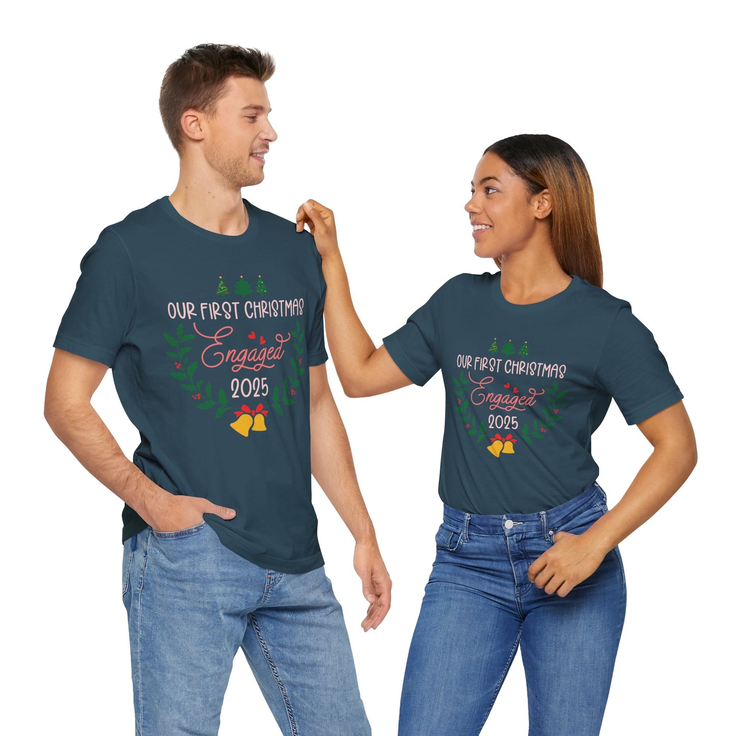 Our First Christmas Engaged 2025 Shirt – Holiday Couple Engagement Gift Tee