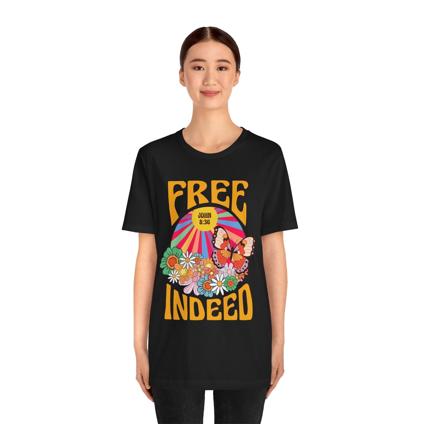 Free Indeed Shirt – Retro Flowers & Butterflies 80s John 8:36 Christian Tee