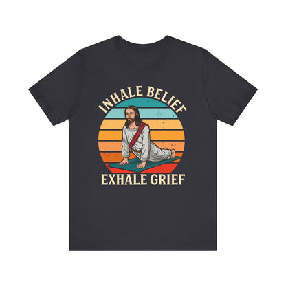 Jesus Inhale Belief Exhale Grief Shirt – Christian Yoga Retro Faith Wellness Tee