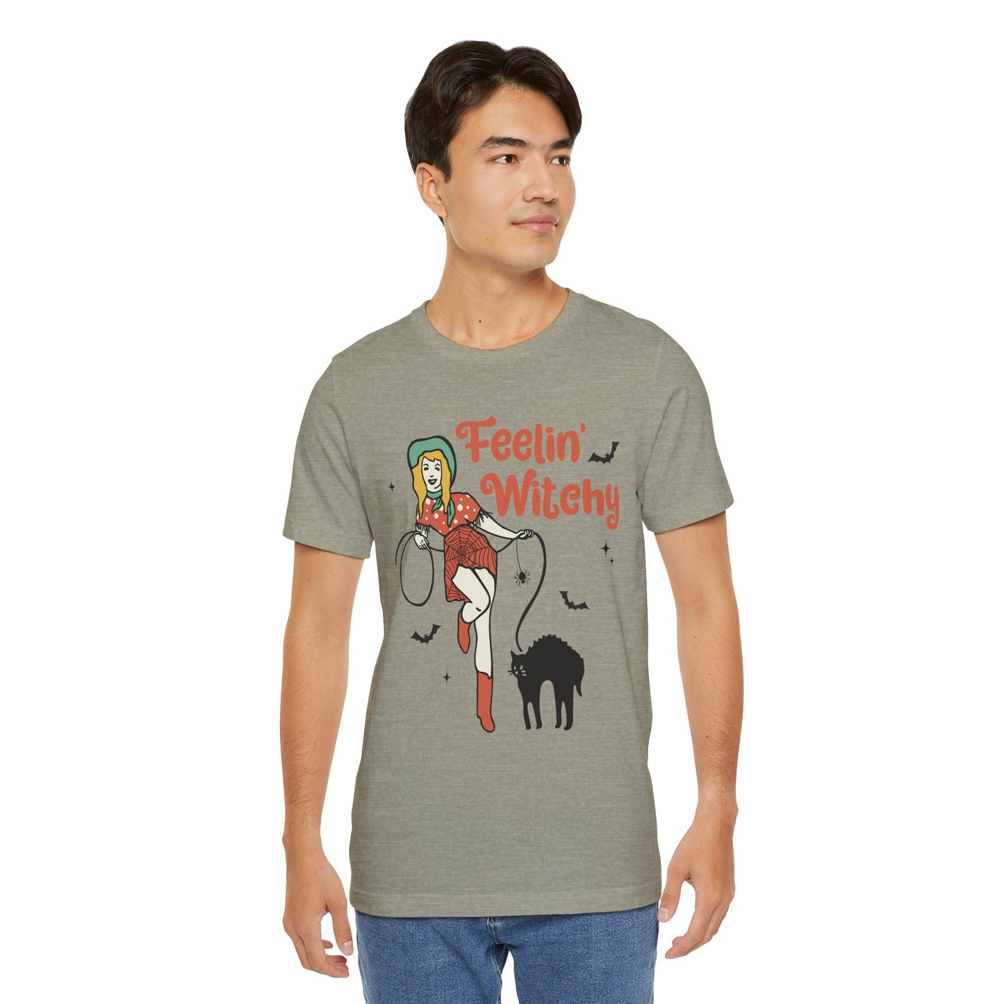 Feelin’ Witchy Shirt Vintage Pin-Up Witch & Black Cat Halloween Tee