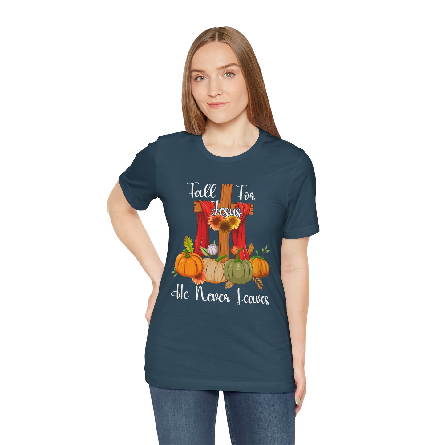 Fall for Jesus He Never Leaves Shirt – Retro Christian Thanksgiving Faith Tee