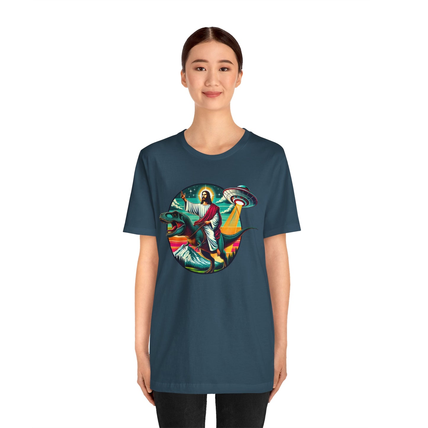 Jesus Riding Dinosaur Shirt – UFO Alien Cross Retro Christian God Tee