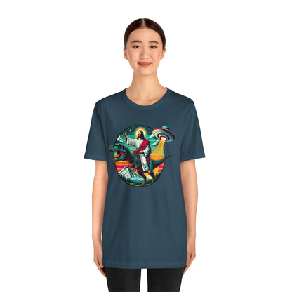 Jesus Riding Dinosaur Shirt – UFO Alien Cross Retro Christian God Tee