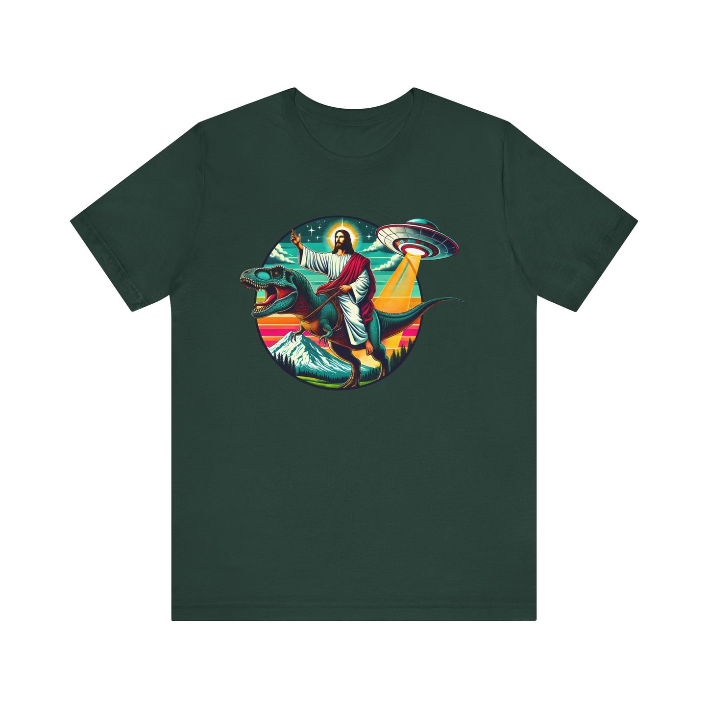 Jesus Riding Dinosaur Shirt – UFO Alien Cross Retro Christian God Tee