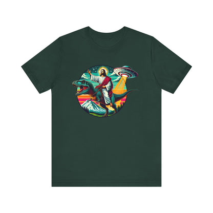 Jesus Riding Dinosaur Shirt – UFO Alien Cross Retro Christian God Tee