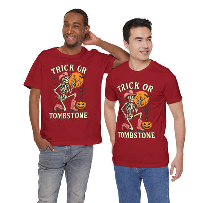 Trick or Tombstone Shirt Funny Skeleton Cowboy Halloween Tee, Spooky Western Rodeo Outfit