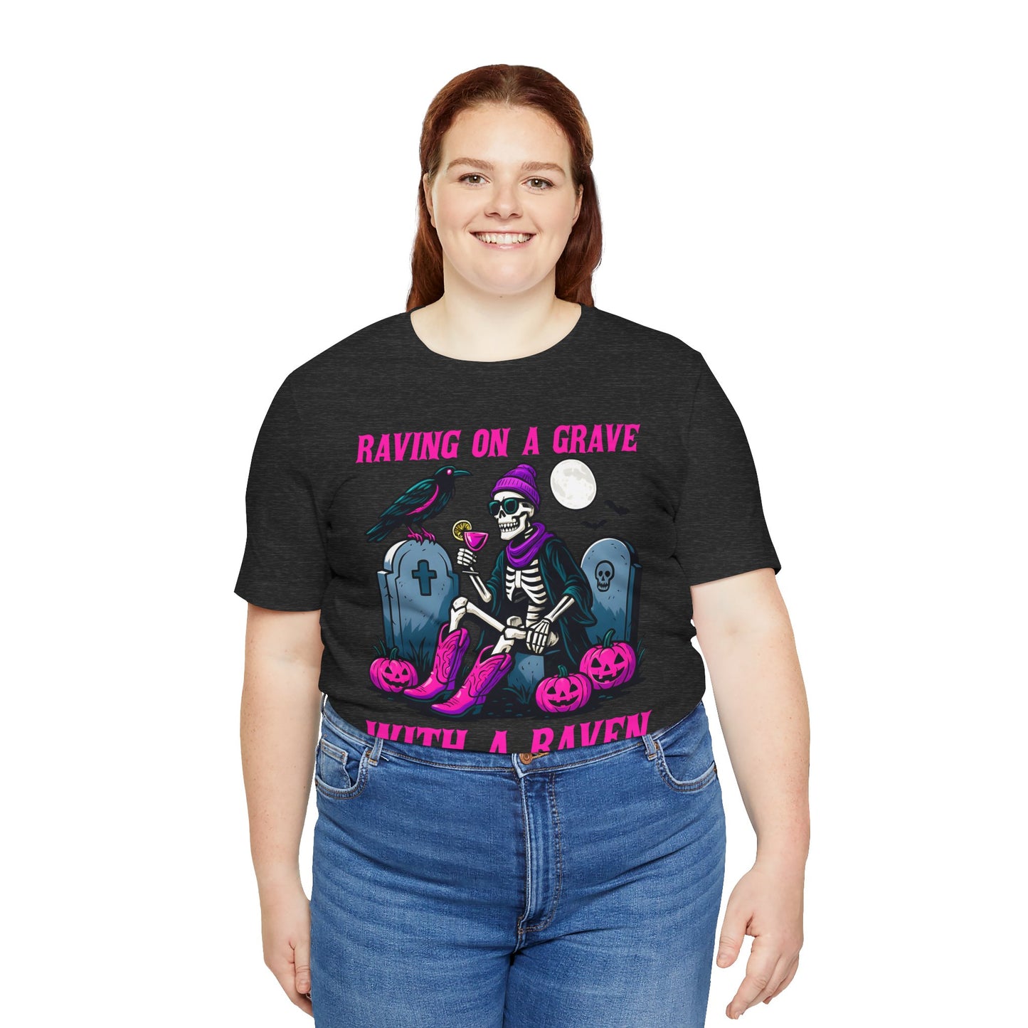 Raving on a Grave Shirt – Halloween Skeleton Raven Gothic Party Tee