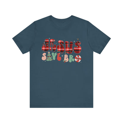 Groovy Jesus Saves Bro Shirt – Retro Red Plaid Christian Christmas Tee