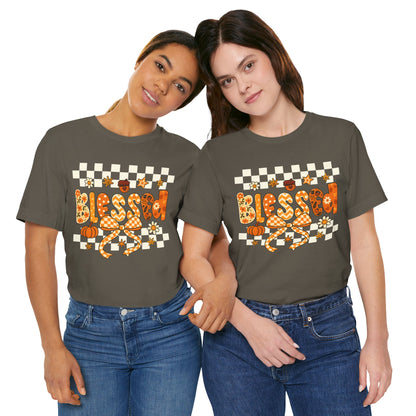 Blessed Checkerboard Pumpkin Shirt – Christian Thankful Fall Thanksgiving Tee