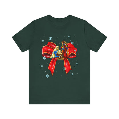 Nativity Scene Christmas Shirt – Coquette Bow Faith Tee, Jesus Holiday Pajama Top