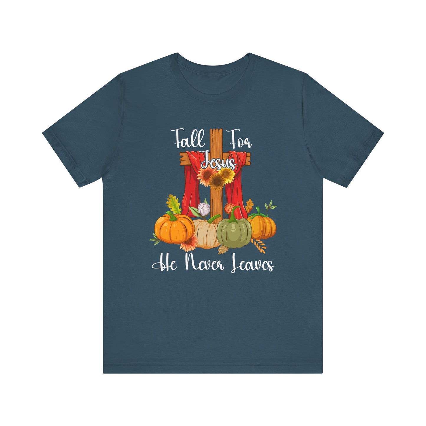 Fall for Jesus He Never Leaves Shirt – Retro Christian Thanksgiving Faith Tee