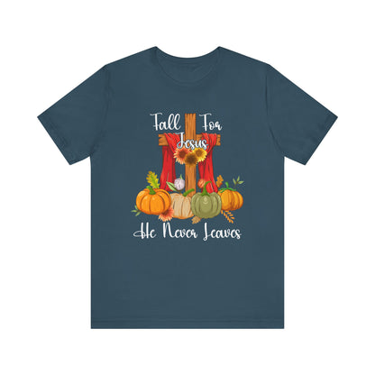 Fall for Jesus He Never Leaves Shirt – Retro Christian Thanksgiving Faith Tee