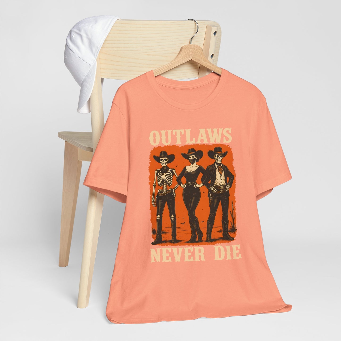 Outlaws Never Die Shirt – Gothic Western Skeleton Cowboy Halloween Tee