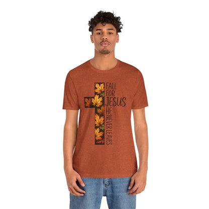 Fall for Jesus He Never Leaves Shirt – Retro Christian Cross Thanksgiving Tee