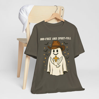 Boo Free and Spirit Full Shirt – Christian Ghost Cowboy Halloween Faith Tee
