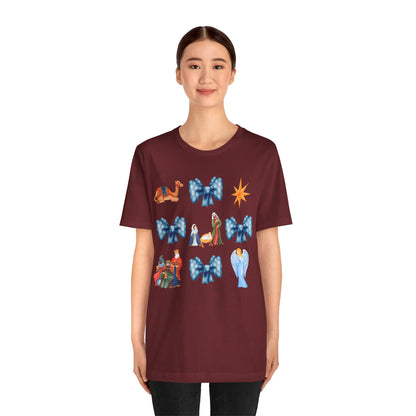 Nativity Scene Coquette Bow Shirt – Cute Christian Christmas Faith Holiday Tee