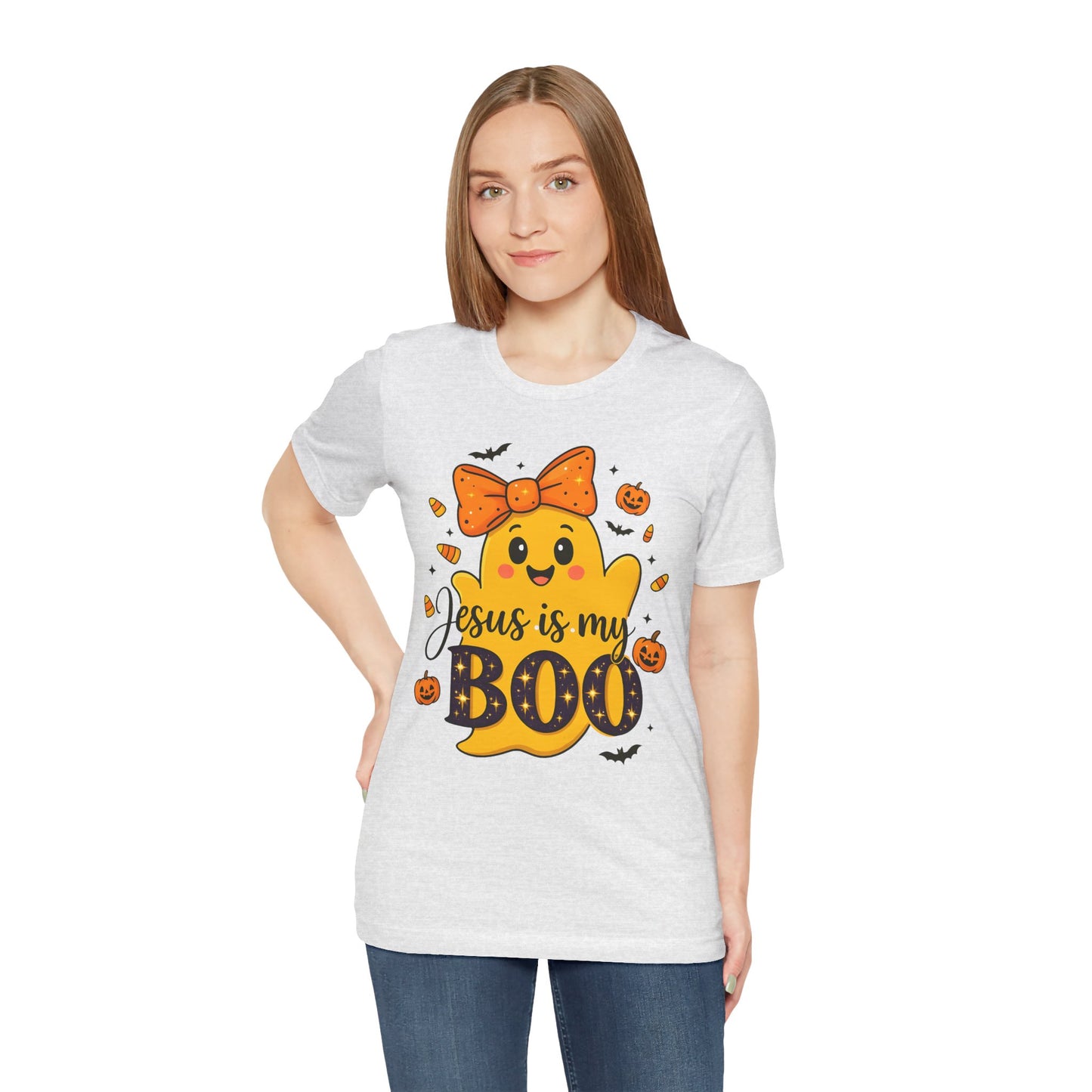 Jesus Is My Boo Shirt – Cute Christian Ghost with Bow Halloween Faith Tee