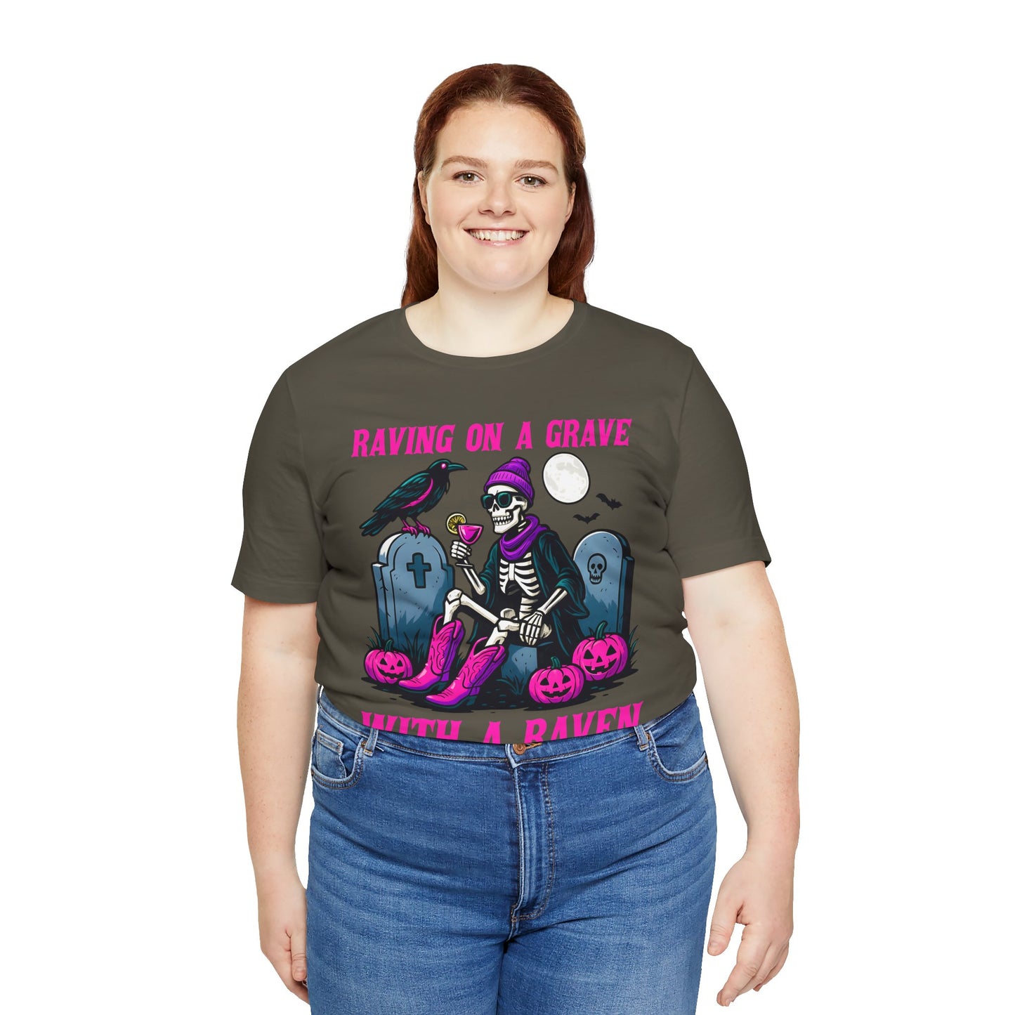 Raving on a Grave Shirt – Halloween Skeleton Raven Gothic Party Tee
