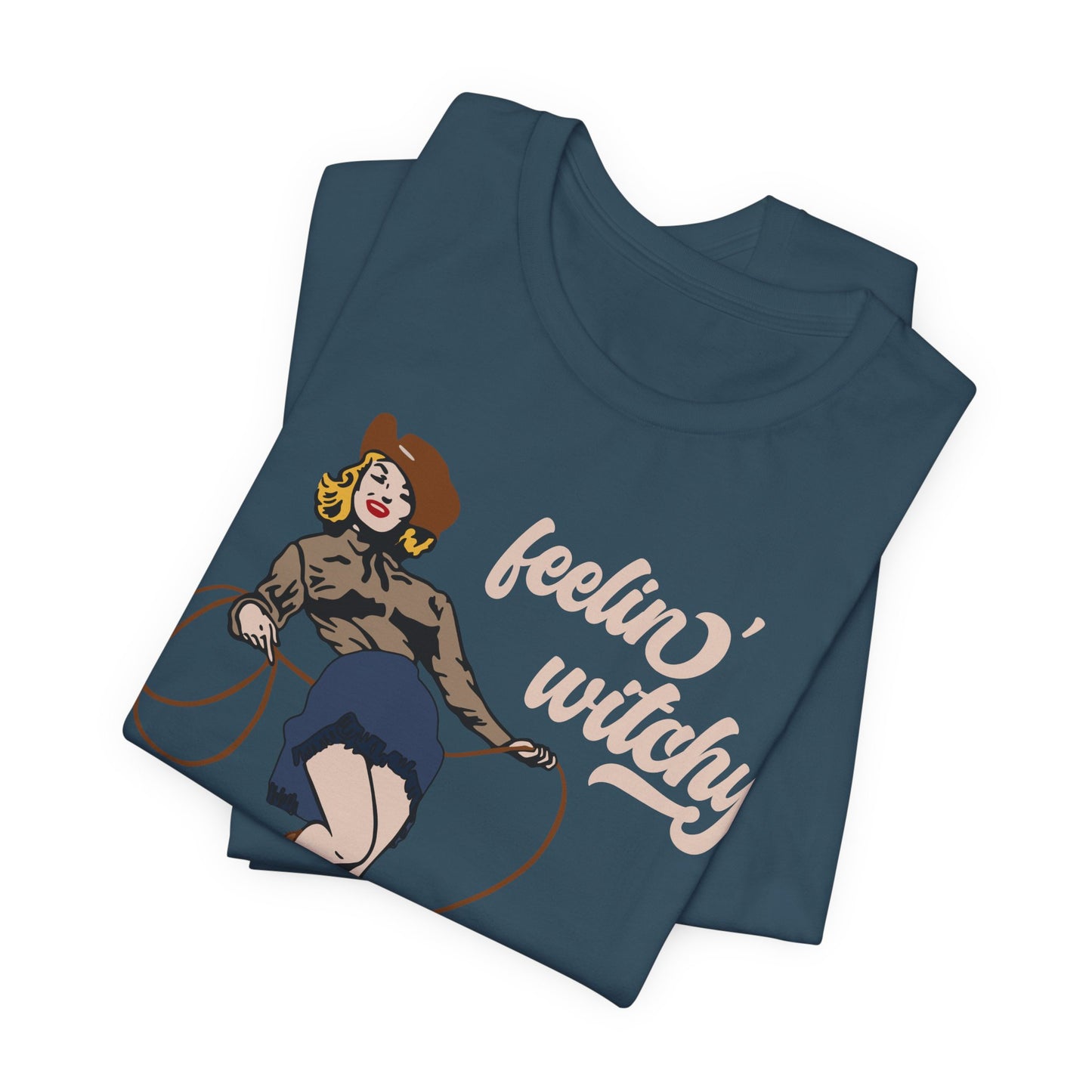 Feeling Witchy Shirt – Vintage Pin-Up Girl & Black Cat Halloween Tee
