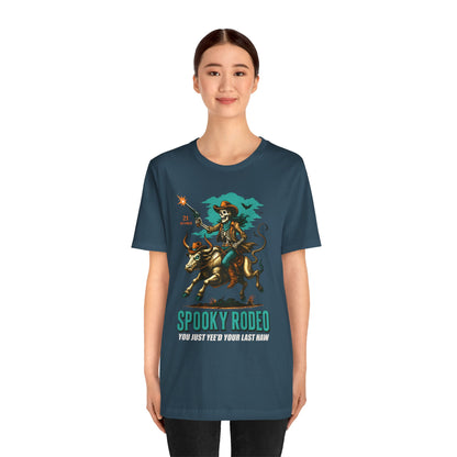 Spooky Rodeo Shirt Skeleton Cowboy Halloween Tee, Western Bull Rider Graphic for Fall