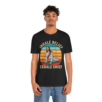 Jesus Inhale Belief Exhale Grief Shirt – Christian Yoga Retro Faith Wellness Tee