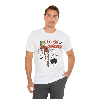 Feelin’ Witchy Shirt Vintage Pin-Up Witch & Black Cat Halloween Tee