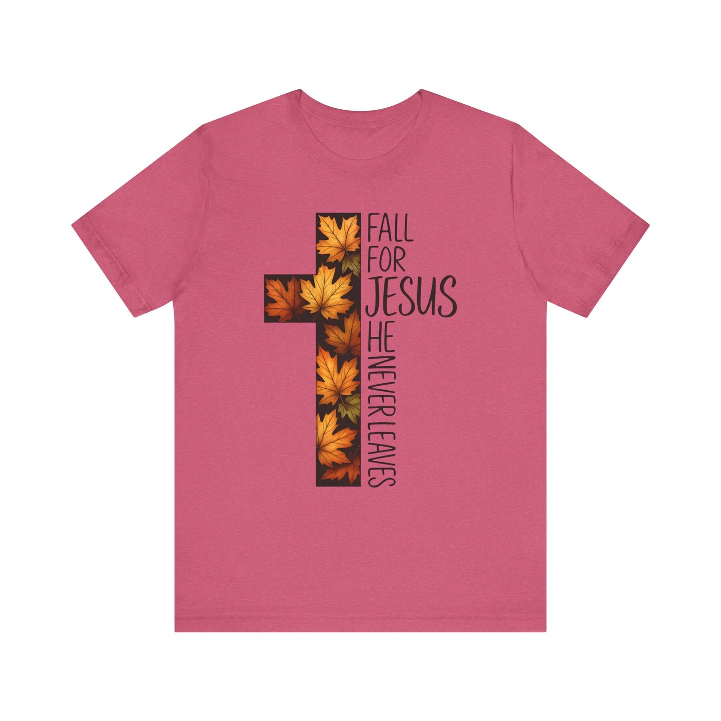 Fall for Jesus He Never Leaves Shirt – Retro Christian Cross Thanksgiving Tee