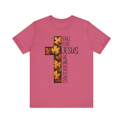 Fall for Jesus He Never Leaves Shirt – Retro Christian Cross Thanksgiving Tee