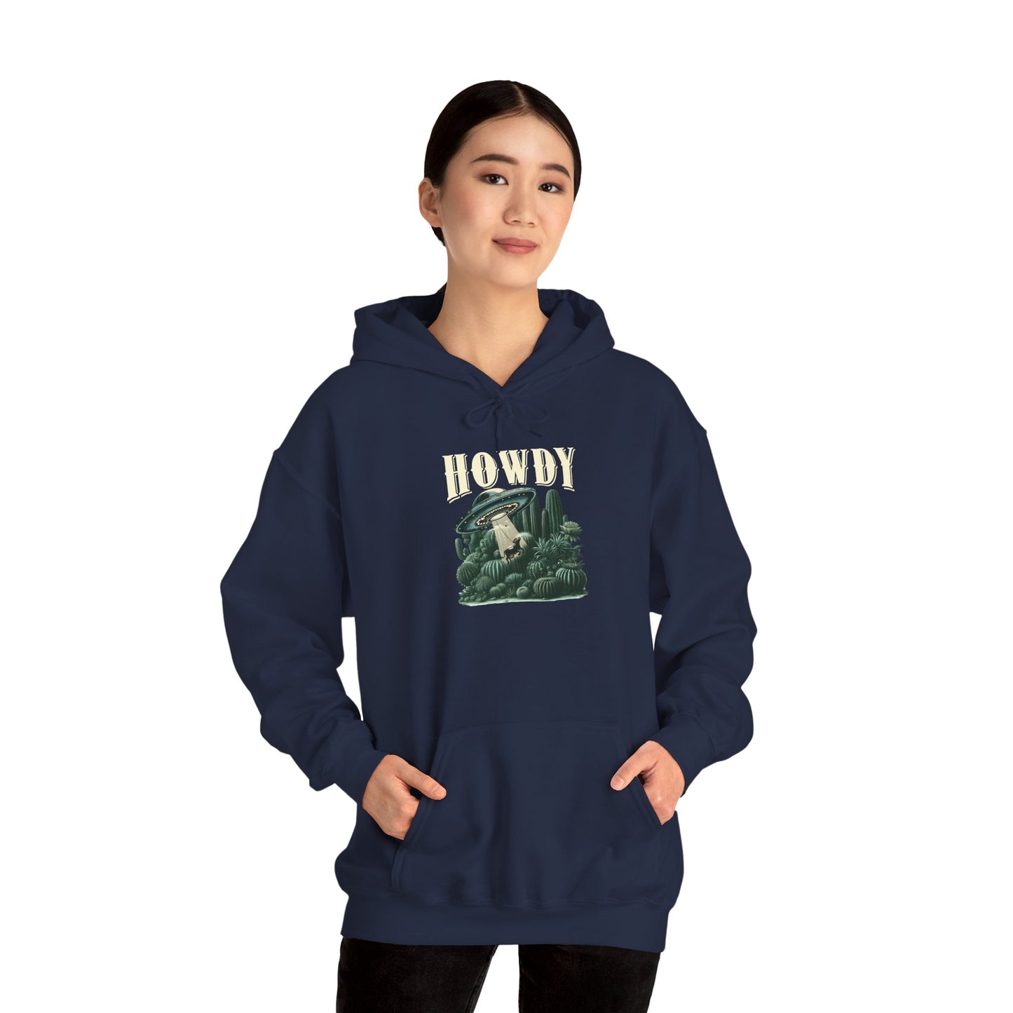 Howdy Cow Abduction Hoodie – Western UFO Rodeo Cactus Desert Texas Pullover