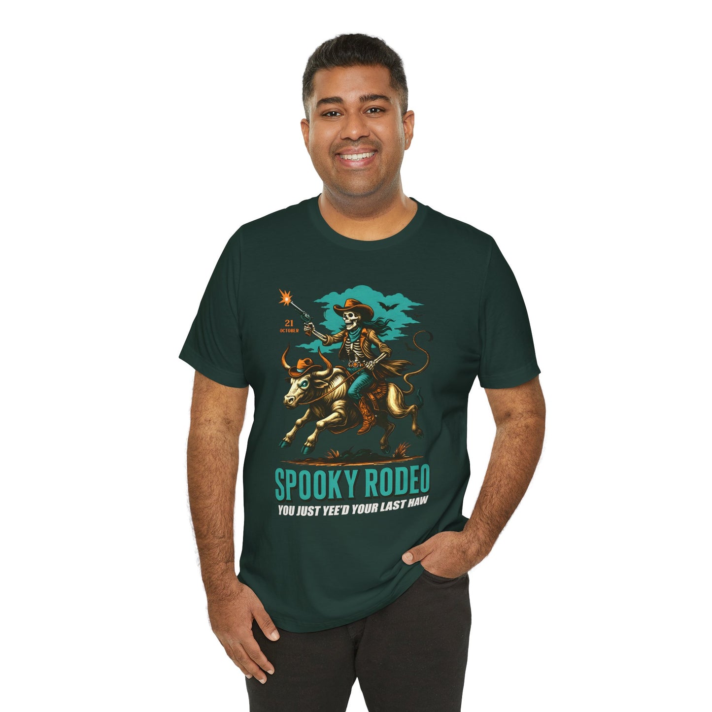 Spooky Rodeo Shirt Skeleton Cowboy Halloween Tee, Western Bull Rider Graphic for Fall