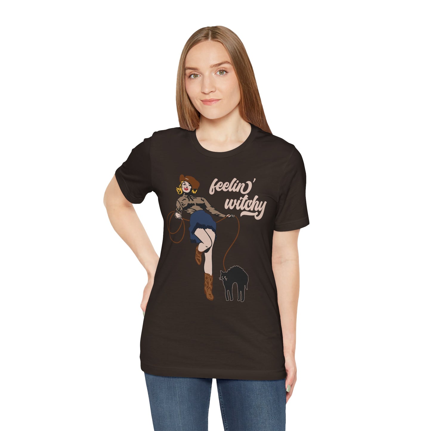 Feeling Witchy Shirt – Vintage Pin-Up Girl & Black Cat Halloween Tee