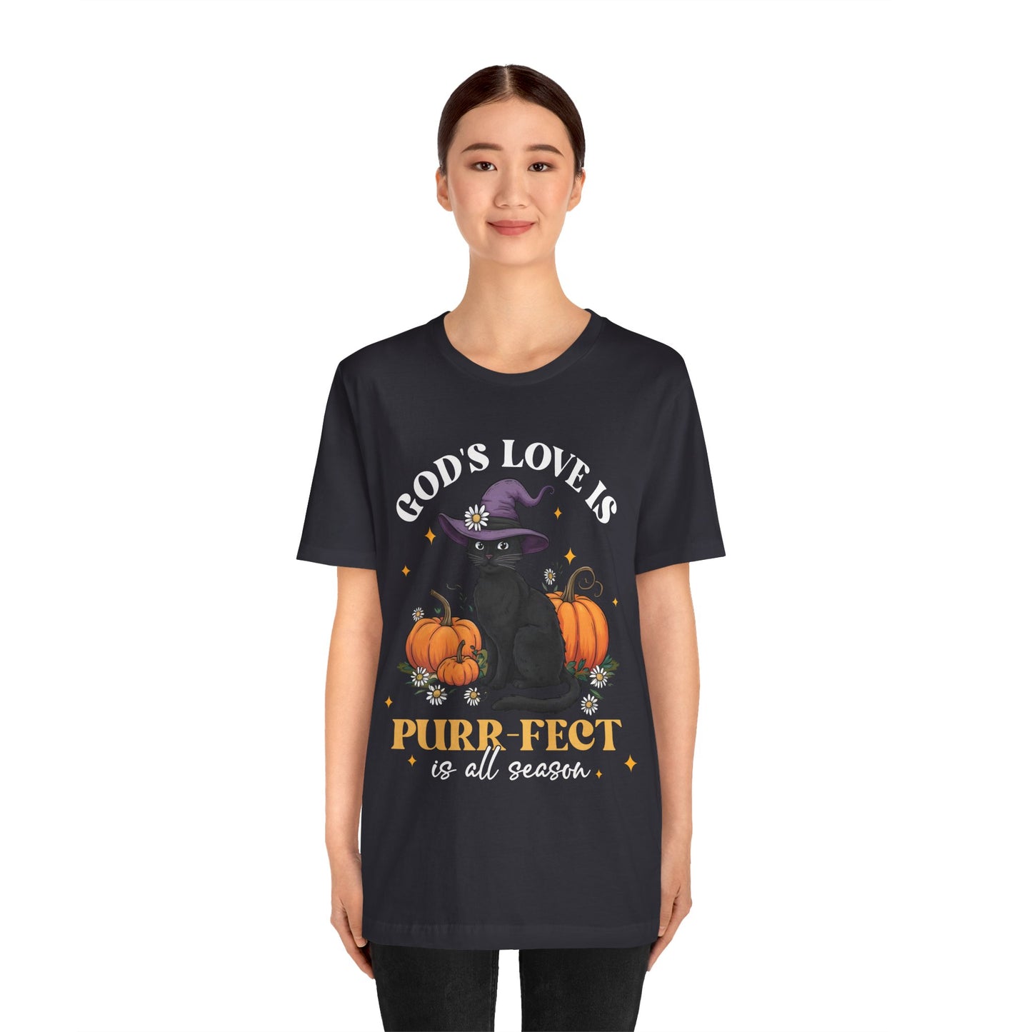 God’s Love Is Purr-fect Shirt – Cute Christian Black Cat Pumpkin Fall Faith Tee