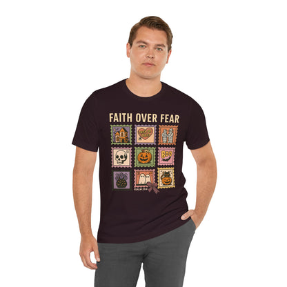 Faith Over Fear Shirt, Christian Halloween Stamp T-Shirt, Religious Spooky Season Tee