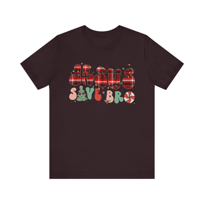Groovy Jesus Saves Bro Shirt – Retro Red Plaid Christian Christmas Tee